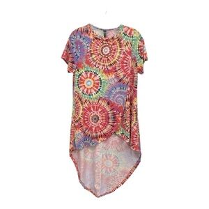 Ashley Blue size XL Hi-lo "tie dye" shirt. Multi colored circles, flap front